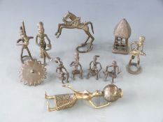 African Ashanti/Benin brass and bronze tribal figures, cage etc, tallest 18.5cm