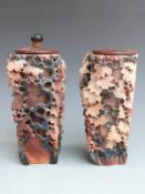 A pair of Chinese soapstone covered vases with pierced floral decoration, H20cm
