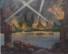 Fritz Boleslaws oil on board, Koln during an air raid, signed and dated 1943