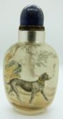 Chinese glass perfume bottle with enamelled top, the body decorated with reverse painted hunting dog