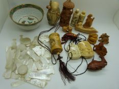Collection of modern Oriental items including bone inro, netsukes, hatpins, carved figures etc and