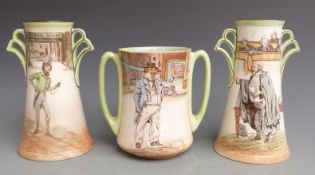 Pair of Royal Doulton Dickens Series Ware twin handled vases and a tyg, tallest 20cm