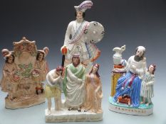 Four Staffordshire figures including 19thC 'Saul presenting his daughter to David', Samuel and