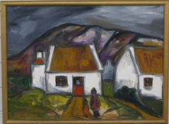 John H O'Donnell oil on board cottage with figures, by repute from his 'Children of the Valley'