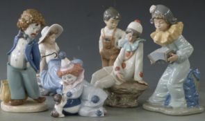 Six Nao figures including four clown figures, tallest 21cm