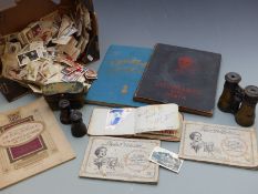 A large quantity of loose cigarette cards, Lemaire Paris cased opera glasses, marine, field and