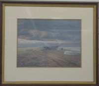 Martin Ridley (English, b 1967) oil on paper, pink footed geese over Blakeney Point, Norfolk with