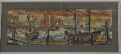 D Hughes watercolour sailing boats/harbour scene, signed lower centre, 25 x 74cm