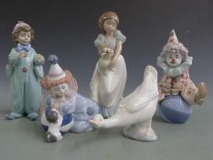 Five Lladro/Nao figures including three Lladro child clowns, tallest 22cm