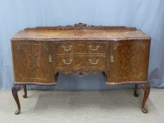 Burr walnut sideboard having two drawers flanked  by cupboards, raised on cabriole legs, W155 x