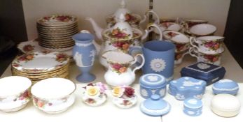 Royal Albert Old Country Roses teaware, including two teapots, twelve cups etc, 53 pieces in total