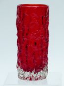 Geoffrey Baxter for Whitefriars cylindrical textured bark vase in red, 19cm tall.