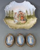 Three framed Wedgwood Jasperware plaques and a cabinet plate