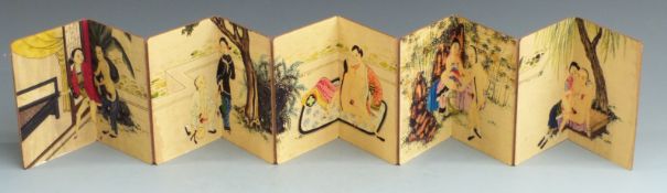 20thC Chinese erotic folding book with five scenes, 17 x 116cm when extended