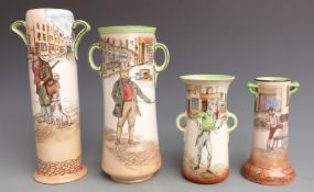 Four Royal Doulton Dickens Series ware twin handled vases, tallest 24cm