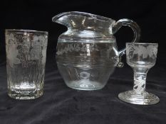 Georgian drinking glass with double twist stem and engraved decoration raised on a stepped foot, 9.