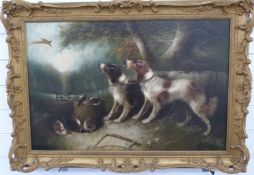 Edward Armfield (1817-1893) oil on canvas Springer Spaniels with a basket of game birds looking