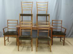 Nils Johnson Swedish retro teak table with two additional leaves and six (2+4) chairs, table max