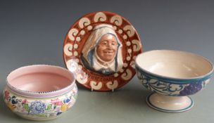 Carter Stabler Adams pedestal bowl, Poole Pottery bowl and French pottery plaque, tallest 12.5cm