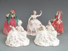 Five Royal Doulton figurines including Top o' The Hill, Lady Charmain, Shirley, Antoinette and My