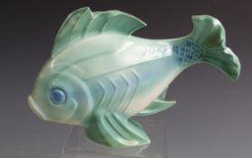 Poole Pottery Art Deco/retro model of a fish with picotee green glaze, shape number 314, probably