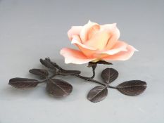 Royal Worcester ornamental studio bronze and porcelain rose in box, H16cm