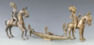 Pair of Ashanti mounted brass figures and figural group in a canoe, height 20cm