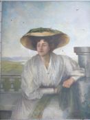 19th/early 20thC oil on canvas of a lady with extensive landscape beyond, indistinctly inscribed