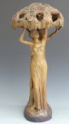 Goldscheider Art Nouveau figural lamp in the form of Eve reaching up into an apple tree. Impressed