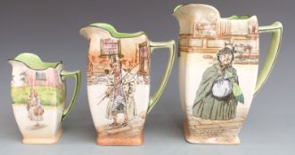 Three graduated Royal Doulton Dickens Series Ware jugs, tallest 19cm