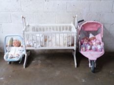 A vintage hanging/ swinging white crib, 84 x 43cm, dolls pushchair/ twin buggy with two dolls and