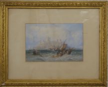 James Webb (1825 - 1895) watercolour maritime scene, hauling nets / wreckage with citadel in the