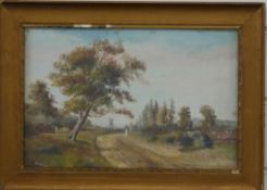 Charles Frederick Rump 19thC pair of oils of figures on a tree lined country lane with church tower,