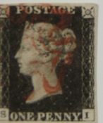 Great Britain 1d black S.I. 4 margins, light red Maltese cross cancellation, plate 5