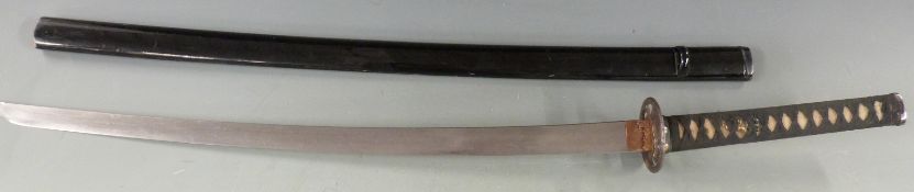 Japanese katana with curved single edged blade, signed single character tang, cast karisa and