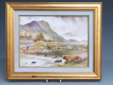 Bronte Porcelain porcelain plaque hand-decorated with Highland cattle watering with mountainous
