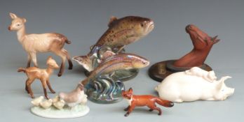 Beswick, Nao and Jema figures including Red Rum plaque, tallest 17cm