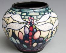 Moorcroft signed bulbous vase decorated with dragonflies, dated 2000, boxed, H11cm