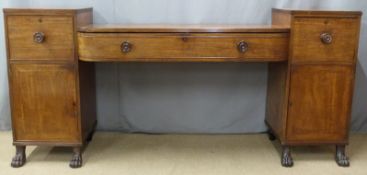 Georgian or Regency mahogany sideboard with three drawers above a cupboard to each pedestal, W241