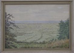 G Merrett watercolour the Severn from Frocester, patchwork of Gloucestershire fields with river