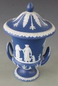 Wedgwood Jasperware twin handled pedestal covered campagna urn, Height 27.5cm