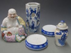 Chinese blue and white lidded vase, two blue and white bases, a Buddha and a Chinese blue and
