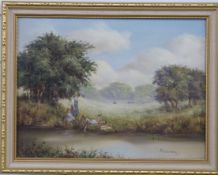 M Lawrence oil on canvas children with kite playing by a stream, signed lower left, 30 x 39cm, two