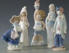 Five Lladro child figures including clown and Olympics figure, tallest 25cm