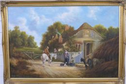 Oil or acrylic on canvas cottage with figures and animals, indistinctly signed lower left possibly S