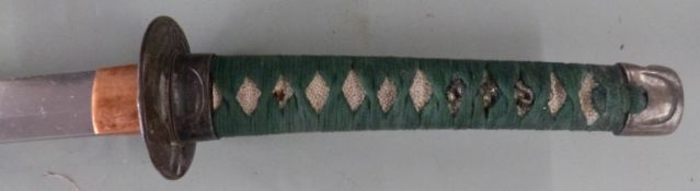 Japanese katana/wakizashi in red lacquer saya with green wrapped shagreen handle, blade length 58cm