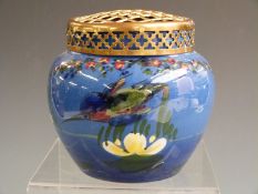 Watcombe pottery vase with kingfisher decoration and plated frog, H12.5cm