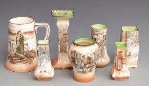 Collection of Royal Doulton Dickens Series Ware vases, candlestick, tankard etc, tallest 15cm