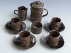 David Leach pottery coffee set comprising coffee pot, milk, sugar and four cups and saucers in