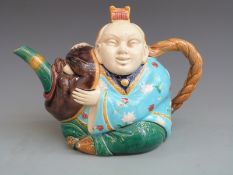 Minton majolica 19thC Chinaman teapot, H16cm
